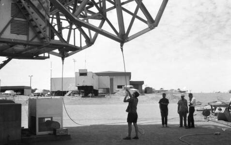 CVN 52 Prep For Cyclone Elsie Staff Secure The Antenna With Steel Hawsers, 19 Jan 1967, Cyclone 'Elsie' 22 Jan 1967, Stn Mgr Leo Mahoney 1st on right