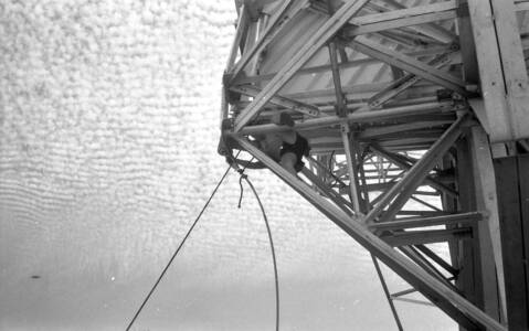CVN 54 Prep For Cyclone Elsie Staff Secure The Antenna With Steel Hawsers, 19 Jan 1967, Cyclone 'Elsie' 22 Jan 1967