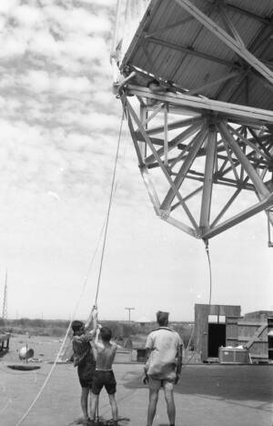 CVN 55 Prep For Cyclone Elsie Staff Secure The Antenna With Steel Hawsers, 19 Jan 1967, Cyclone 'Elsie' 22 Jan 1967