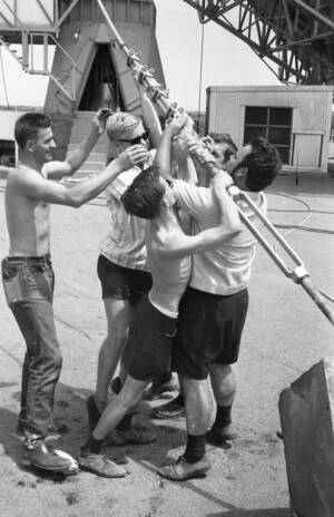 CVN 56 Prep For Cyclone Elsie Staff Secure The Antenna With Steel Hawsers, 19 Jan 1967, Cyclone 'Elsie' 22 Jan 1967